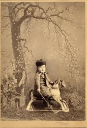 Young Boy Seated on a Rocking Horse with Large Painted Backdrop, 1880s